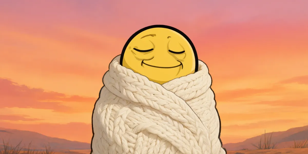 Quozzy asleep, wrapped in a chunky cream knit blanket, only the face peeking out