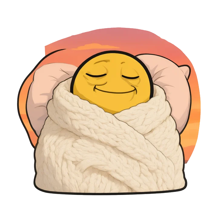 Quozzy asleep on a round pillow, blanket on